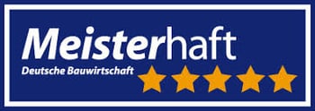 Blauer Rahmen mit der Aufschrift „Meisterhaft Deutsche Bauwirtschaft“ und fünf goldenen Sternen.