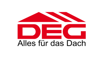 Rotes DEG-Logo mit Dachsymbol und schwarzer Schrift "Alles für das Dach".