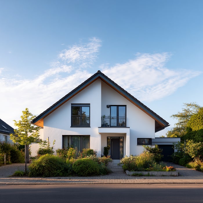 Modernes weißes Einfamilienhaus mit spitzem Dach, Balkon, Vorgarten und Garage unter blauem Himmel.